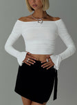 Off the shoulder white top Ruched throughout, inner silicone strip at neckline