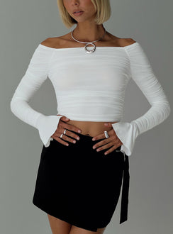 front view of model wearing Princess Polly Moreno Off The Shoulder Top White Full Sleeves straight 