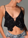 Crop top Embellished with sequins, open front design, split hem, adjustable shoulder straps, tie fastening at back