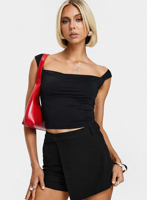 front view of model wearing Princess Polly Unwind Top Black Sleeveless Square Neck 