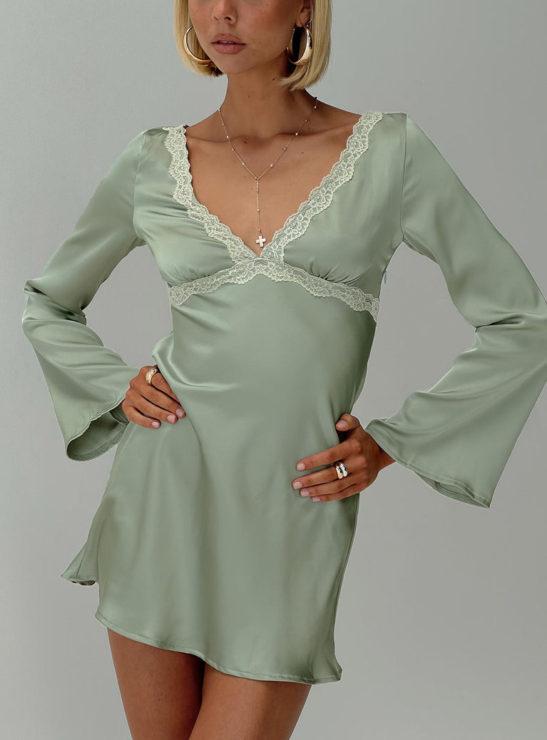 front view of model wearing Princess Polly Jaron Long Sleeve Mini Dress Sage Plunger 