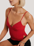 back view of model wearing Princess Polly Sculpture Top Red Sleeveless Plunger 