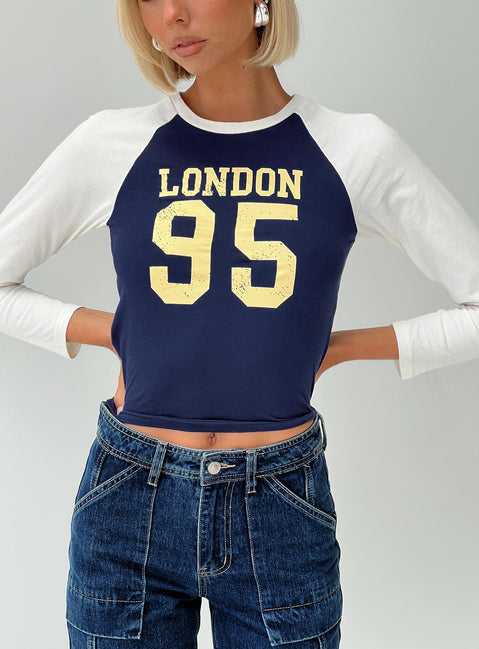 front view of model wearing Princess Polly London 95 Long Sleeve Top Navy Full Sleeves Crew Neck 
