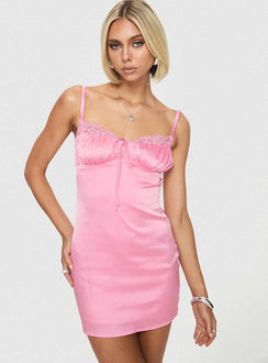 front view of model wearing Princess Polly Lullaby Mini Dress Pink Sweetheart Neckline 