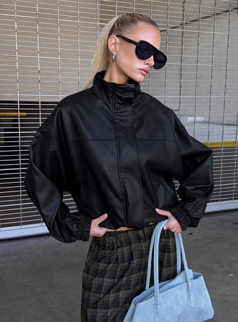Dialtone Trichterhals Kunstlederjacke Schwarz