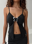 front view of model wearing Princess Polly Nesting Top Black Sleeveless Plunger 