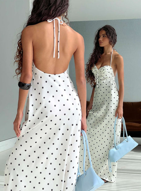 Costella Halter Satin Maxi Dress Cream Polka Dot