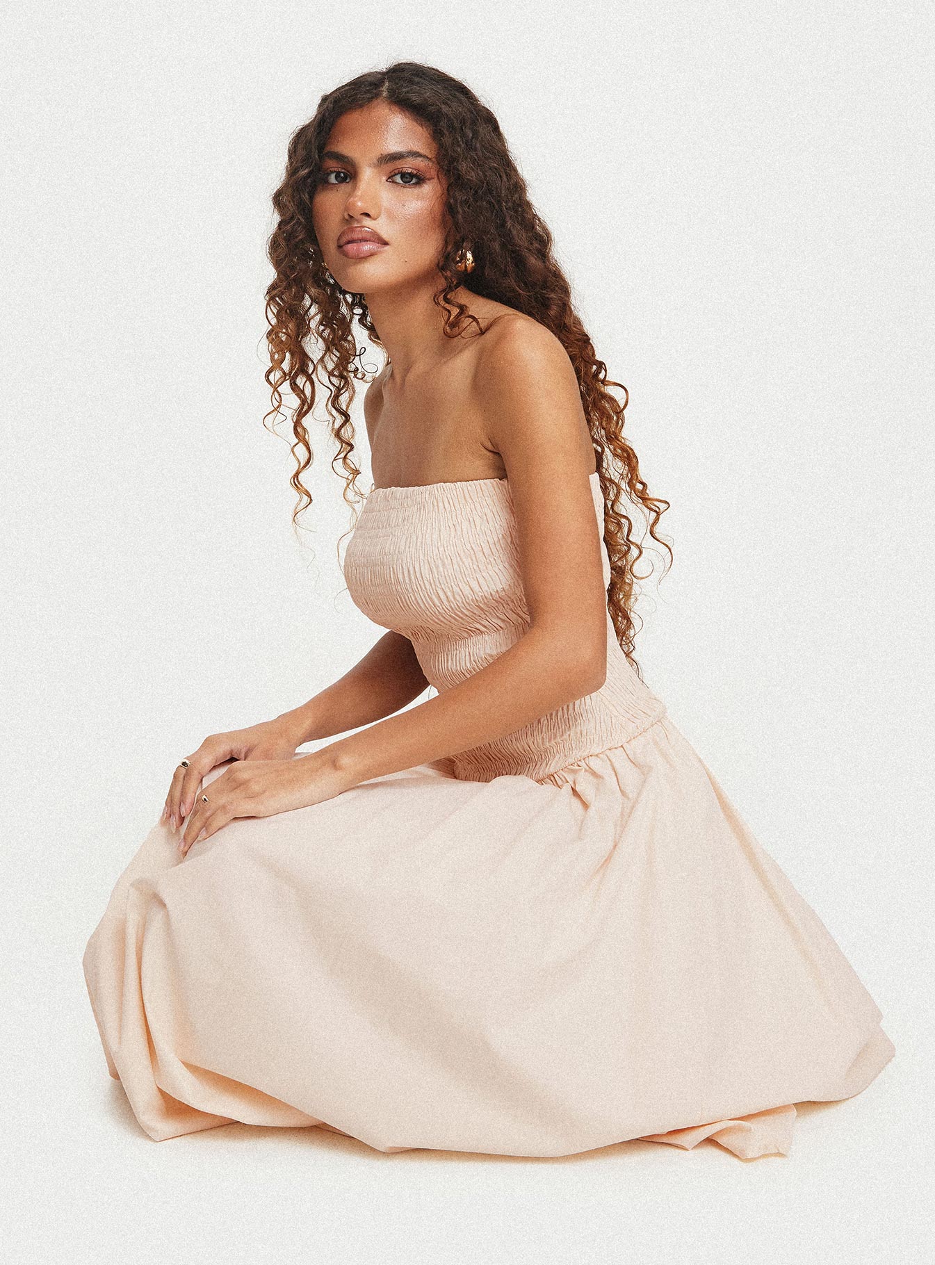 side view of model wearing Princess Polly Atara Maxi Dress Cream Straight Neck 