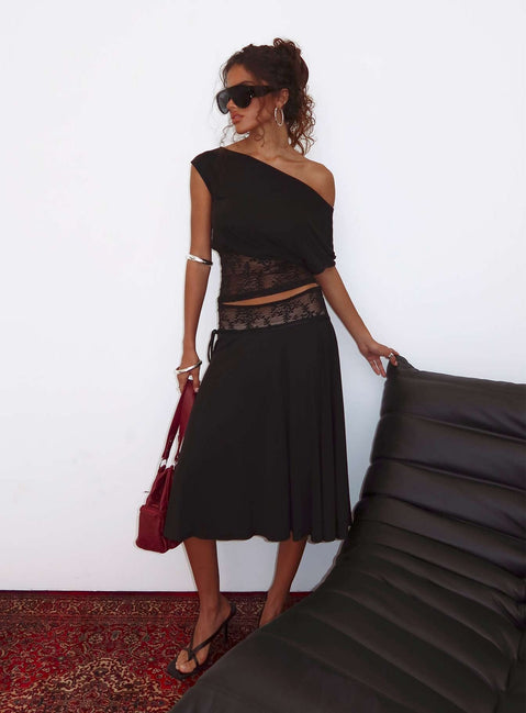   side view of model wearing Princess Polly Marienna Lace Midi Skirt Black Midi Skirts 