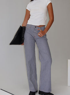 back view of model wearing Princess Polly Top Model Jean Navy Stripe Low Rise Pants 