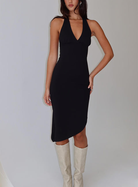 front view of model wearing Princess Polly Whimsy Asymmetrical Midi Dress Black V-Neck 