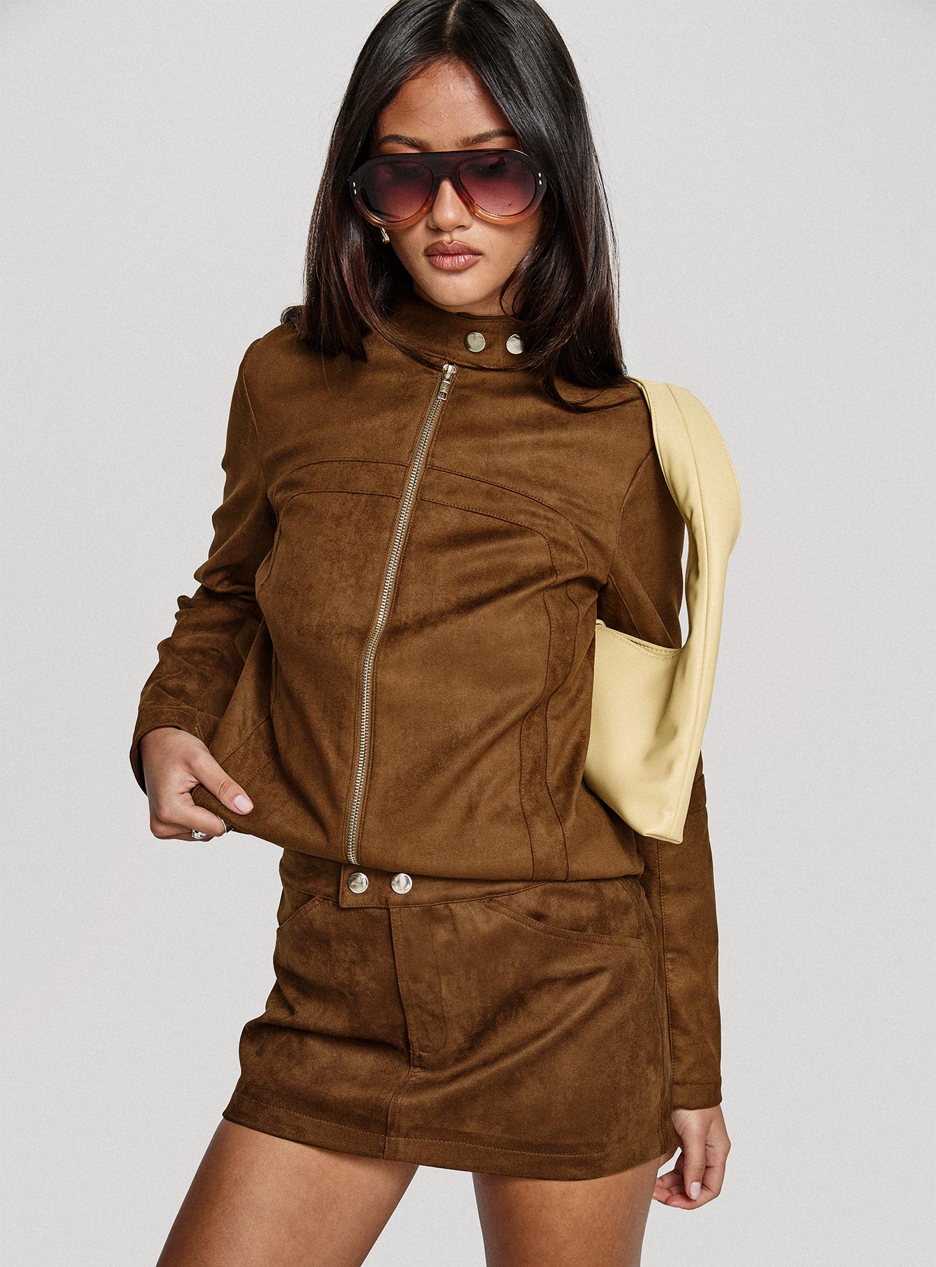   front view of model wearing Princess Polly Rhodeo Mini Skirt Brown Mini Skirts 