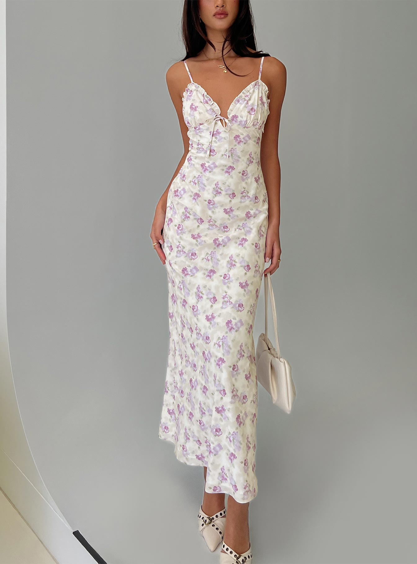 front view of model wearing Princess Polly Jessamine Frill Maxi Dress White / Lilac Plunger 