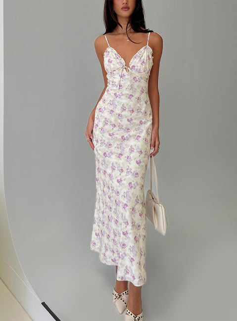front view of model wearing Princess Polly Jessamine Frill Maxi Dress White / Lilac Plunger 