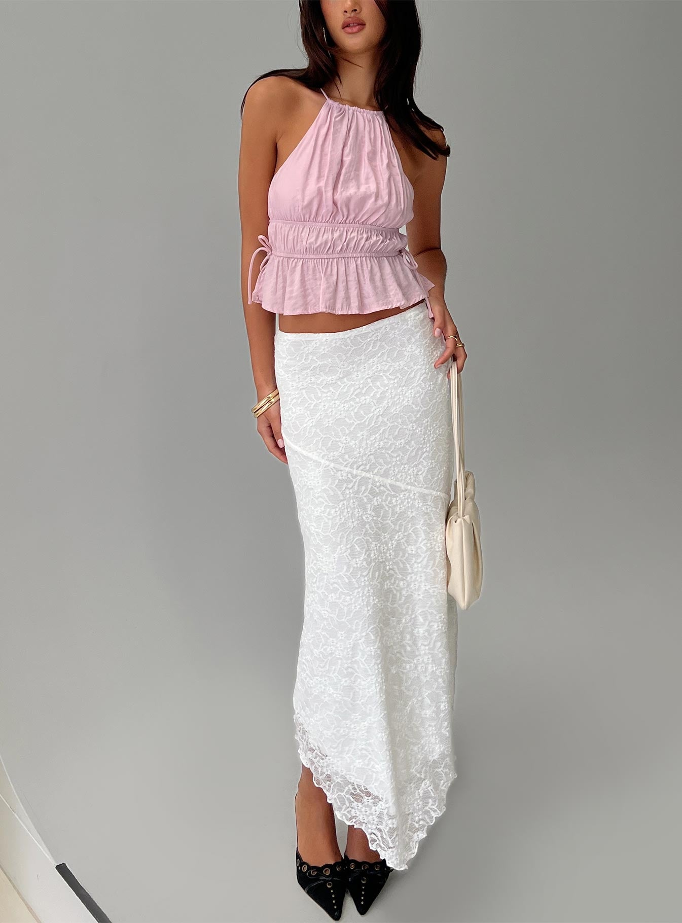   front view of model wearing Princess Polly Freebirds Lace Midi Skirt White Midi Skirts 