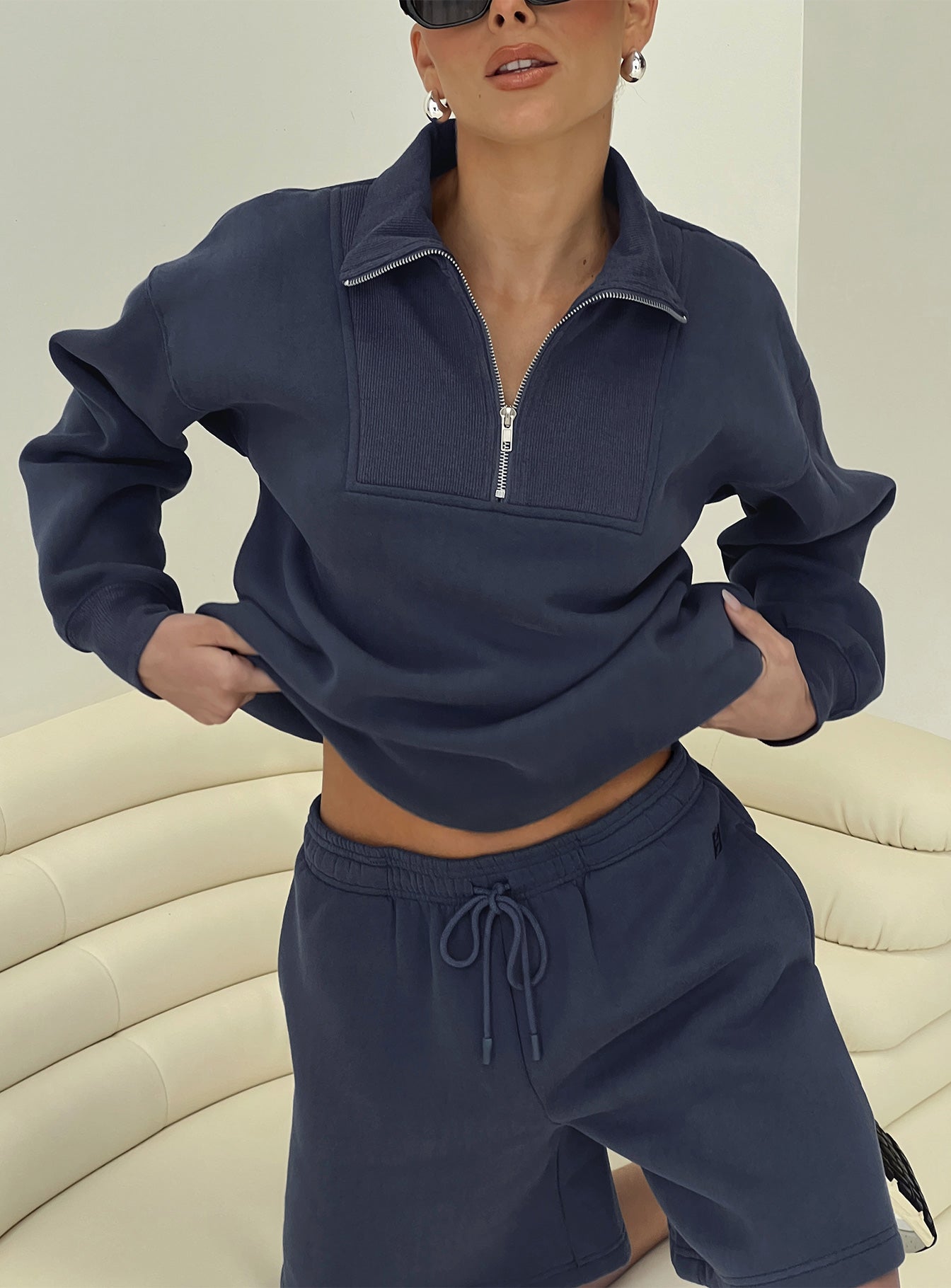 front view of model wearing Princess Polly Dream Fleece Quarter Zip Sweatshirt Navy 