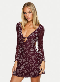 Raylena Long Sleeve V-neck Mini Dress Burgundy Floral