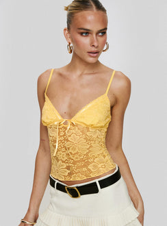front view of model wearing Princess Polly Manski Lace Top Yellow Sleeveless Plunger 