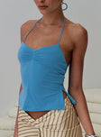 back view of model wearing Princess Polly Rehna Halter Top Blue Sleeveless Sweetheart 