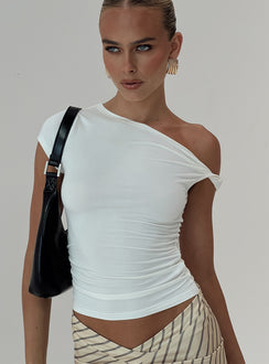 front view of model wearing Princess Polly Fabre Top White Short Sleeves Asymmetric Neckline 
