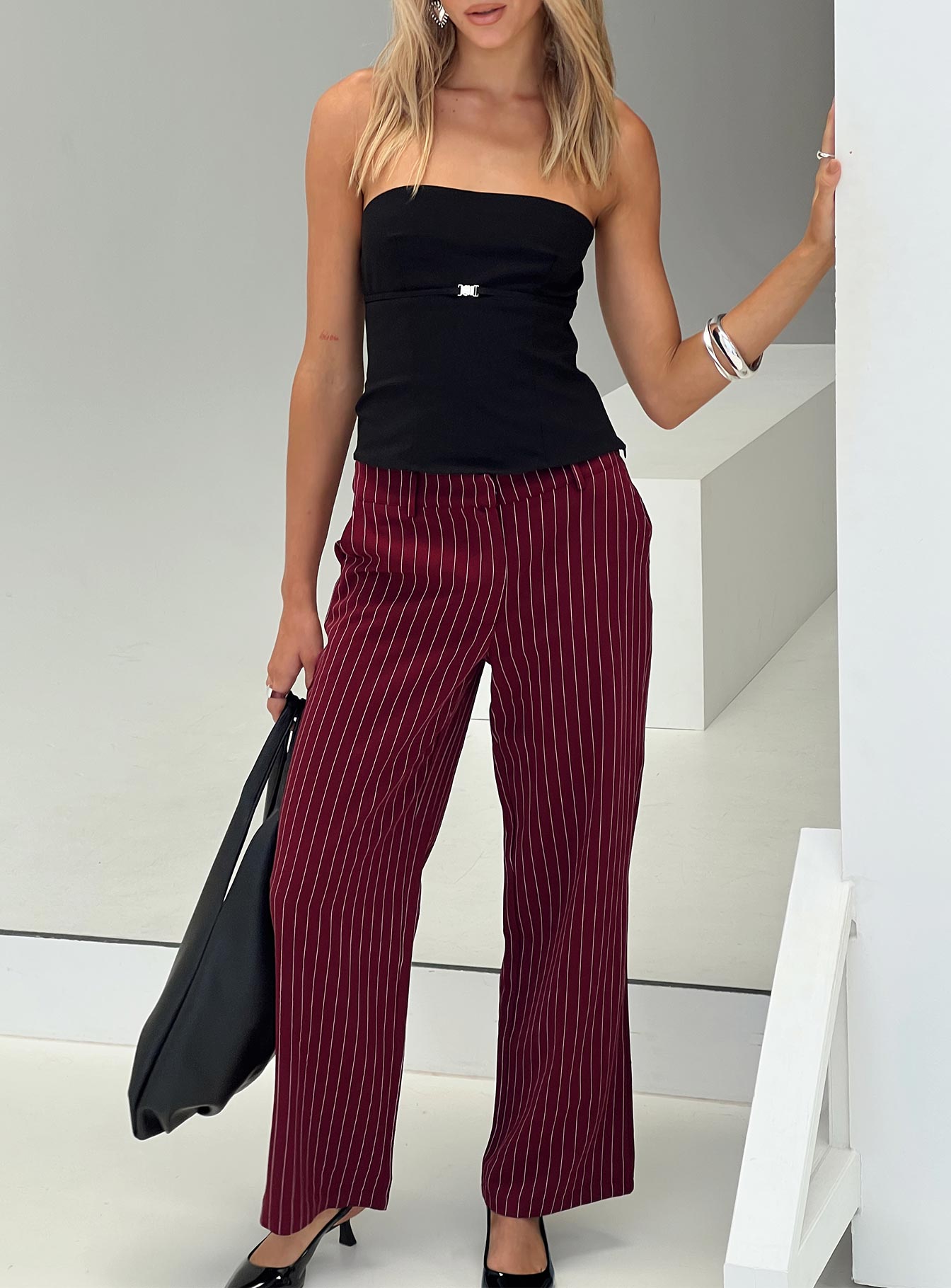 Burgundy striped trousers fashion