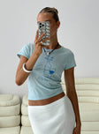 front view of model wearing Princess Polly Cheers To You Tee Blue Short Sleeves Crew Neck 