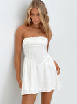 side view of model wearing Princess Polly Slow Dance Linen Blend Mini Dress White Straight Neck 