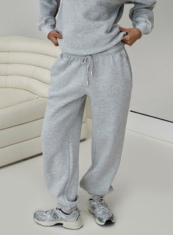 front view of model wearing Princess Polly Dream Fleece Ankle Cuff Sweatpants Grey Marle High Waisted Pants 