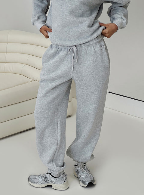 front view of model wearing Princess Polly Dream Fleece Ankle Cuff Sweatpants Grey Marle High Waisted Pants 