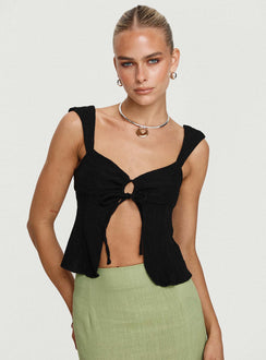 front view of model wearing Princess Polly Moshe Top Black Sleeveless Sweetheart 