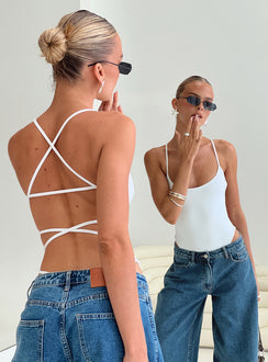 back view of model wearing Princess Polly All Tied Up Bodysuit White Tall Sleeveless 