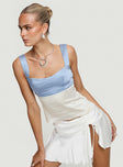 back view of model wearing Princess Polly Chantell Top Blue / White Sleeveless Sweetheart 