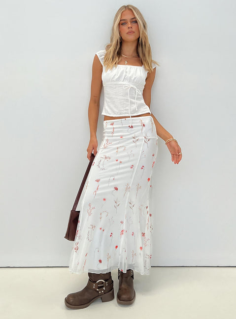   front view of model wearing Princess Polly Breezewood Maxi Skirt White Maxi 