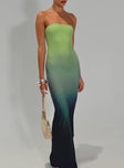 back view of model wearing Princess Polly Stolen Love Strapless Maxi Dress Blue / Green Ombre Straight Neck 