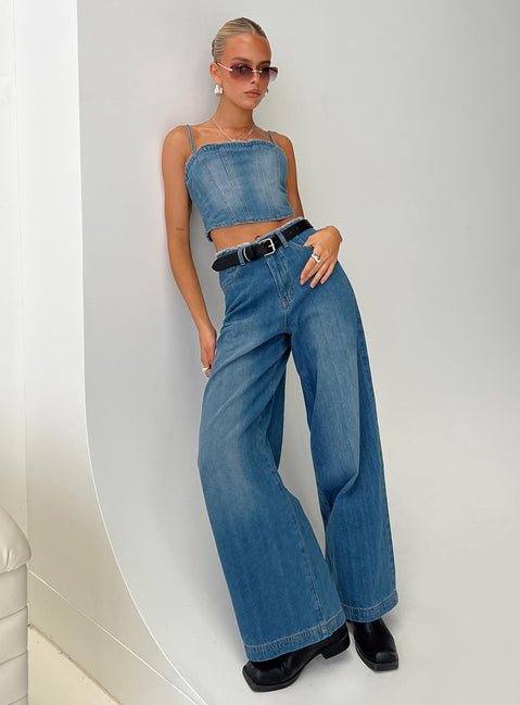front view of model wearing Princess Polly Vihaan Wide Leg Pants Blue Wash High Waisted Pants 