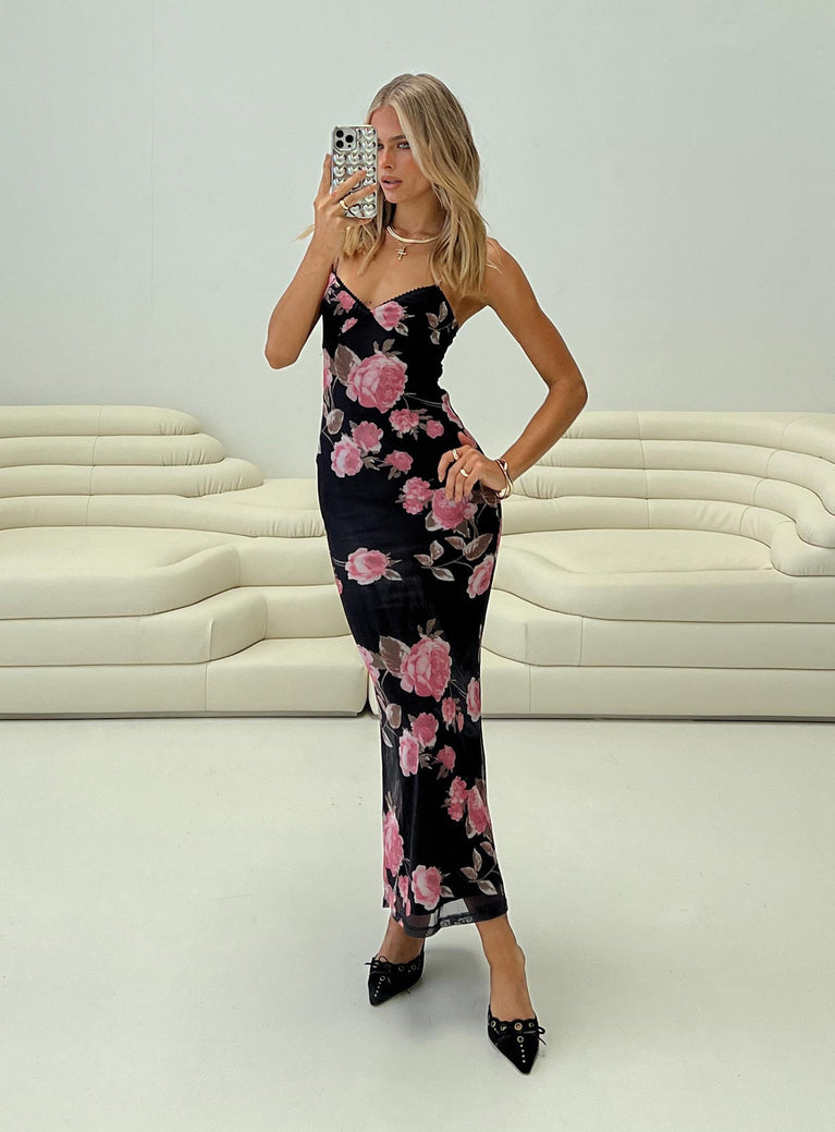 Floral maxi dress Mesh material, v neckline, adjustable straps, invisible zip fastening Good stretch, fully lined  Princess Polly Lower Impact 