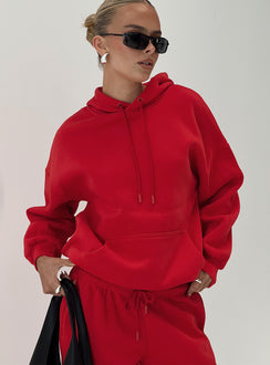 front view of model wearing Princess Polly Dream Fleece Classic Hoodie Red Long 