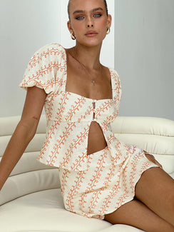 side view of model wearing Princess Polly Passionfruit Linen Blend Top Multi Short Sleeves Square Neck 