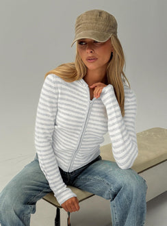 front view of model wearing Princess Polly Superstars Zip Through Hoodie Grey / Cream Stripe 