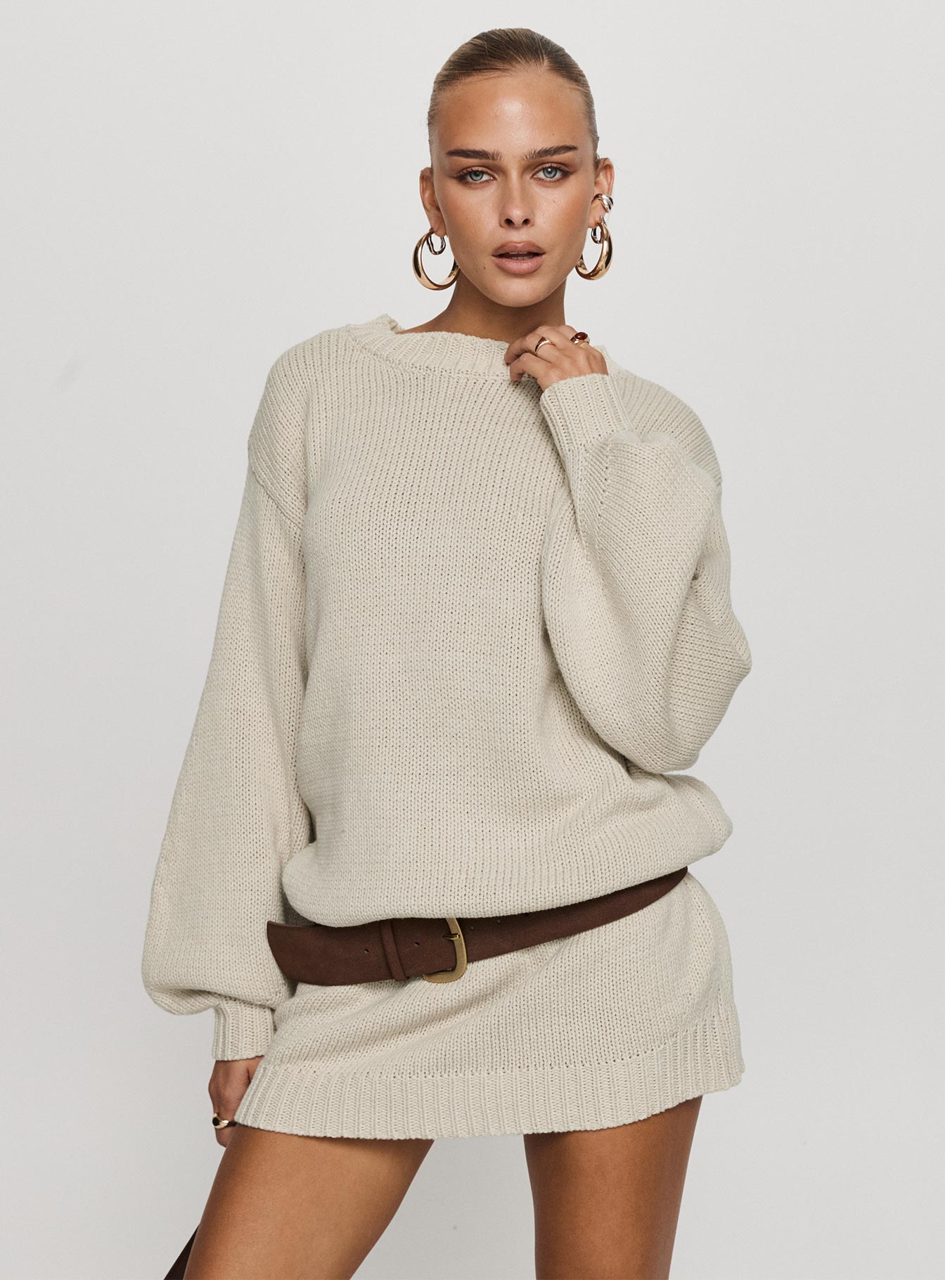 Harmony Balloon Sleeve Knit Mini Dress Beige