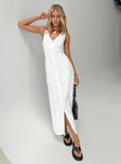 Linen maxi dress V-neckline, button fastening down front, panel detailing, waist tie fastening at back