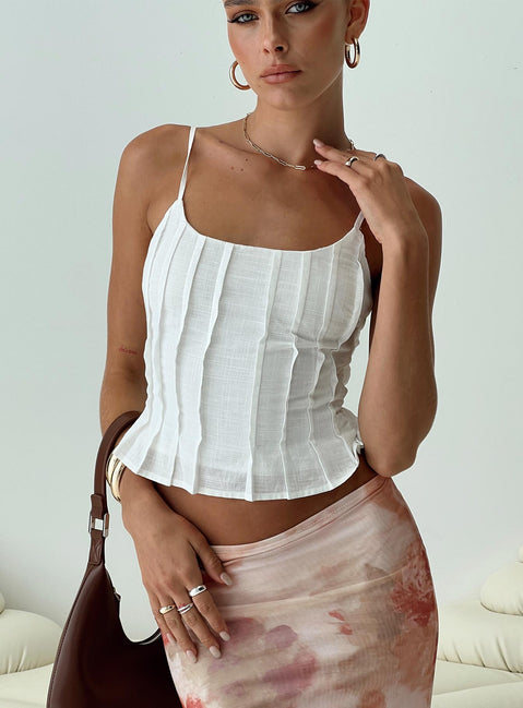 front view of model wearing Princess Polly Sinkter Top White Sleeveless Scoop Neck 