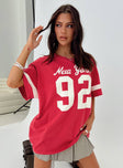 front view of model wearing Princess Polly New York 95 Oversized Tee Red Half Sleeves Crew Neck 