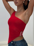 side view of model wearing Princess Polly Machiatto One Shoulder Top Red Sleeveless Asymmetric Neckline 