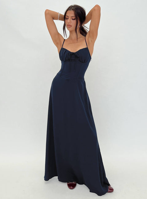 side view of model wearing Princess Polly Eleanora Maxi Dress Navy Sweetheart Neckline 