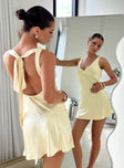 front view of model wearing Princess Polly Kingslie Low Back Mini Dress Baby Yellow Tall V-Neck 