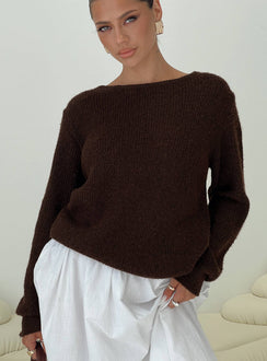 front view of model wearing Princess Polly Abrams Rib Knit Crew Sweater Chocolate Marle Longline Jumpers 