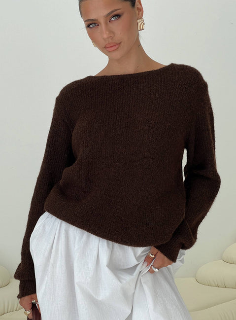front view of model wearing Princess Polly Abrams Rib Knit Crew Sweater Chocolate Marle Longline Jumpers 