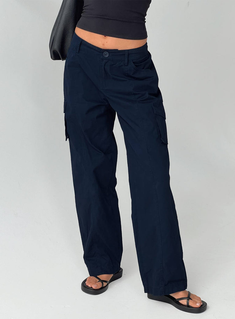 back view of model wearing Princess Polly Major General Cargo Pant Navy Low Rise Pants 