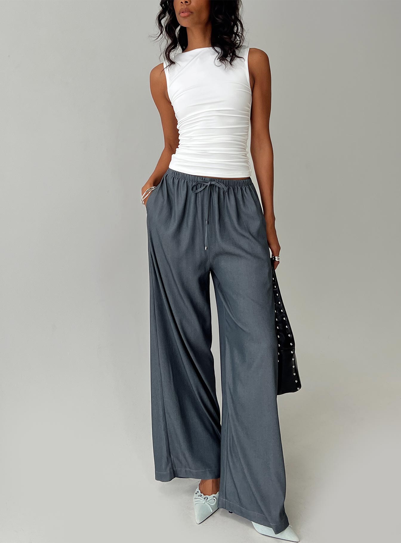 front view of model wearing Princess Polly Tallilah Pants Dark Chambray High Waisted Pants 